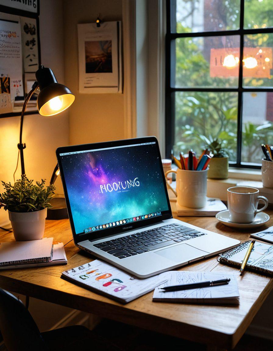 A captivating desk scene with a glowing laptop open to a beautifully designed blog layout, surrounded by colorful notebooks, sketches, and a steaming cup of coffee. Bright light streams through a window, casting an inspirational atmosphere. Elements suggesting creativity, like paintbrushes, writing tools, and a vision board in the background. super-realistic. vibrant colors. warm lighting.